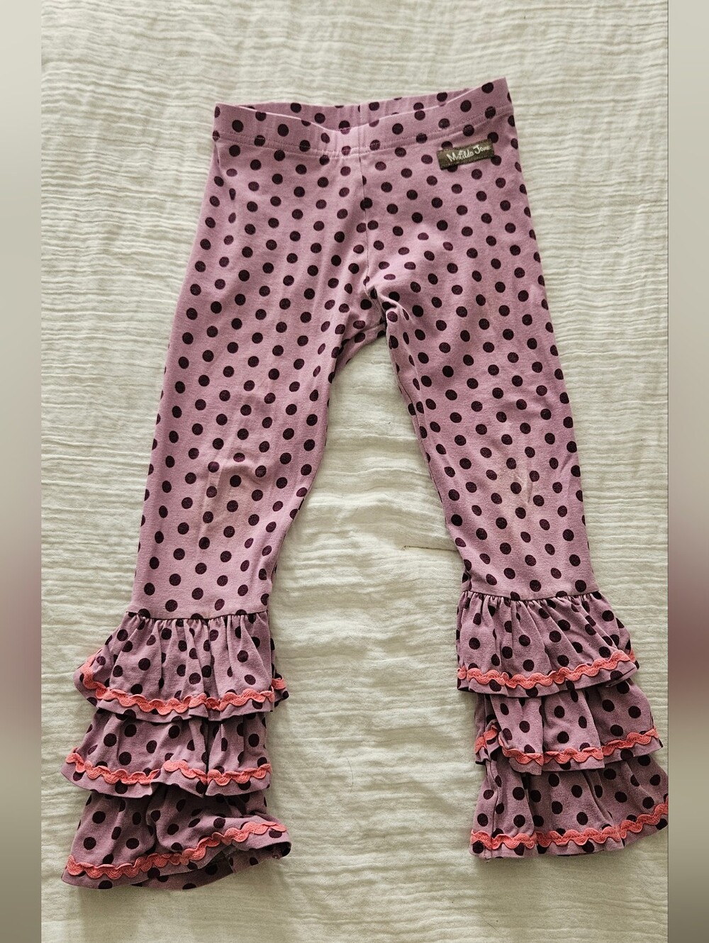 Matilda Jane Pink Polka Dot Ruffle Leggings with Coral Trim,  Size 4